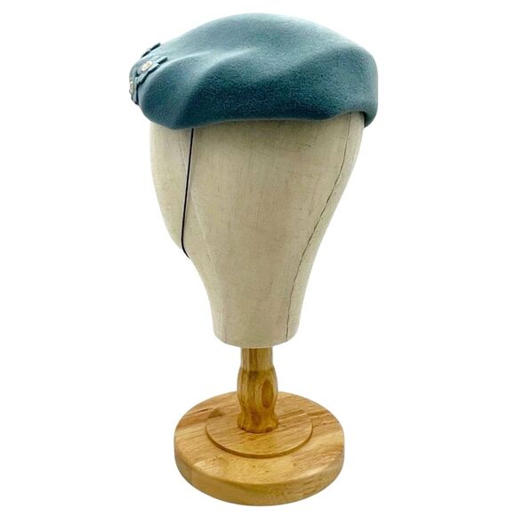 Vintage 1950s BB Ruth Velour Beret Hat Slate Blue Floral Applique Pearl Studded - Picture 9 of 16